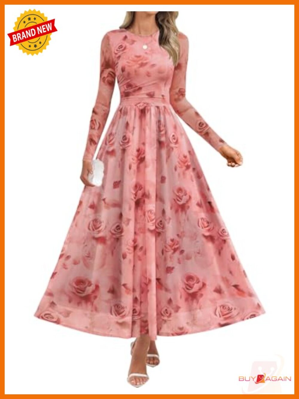 Long Sleeve Mesh Floral Maxi Dress A-Line Ruched Waist Wedding Guest